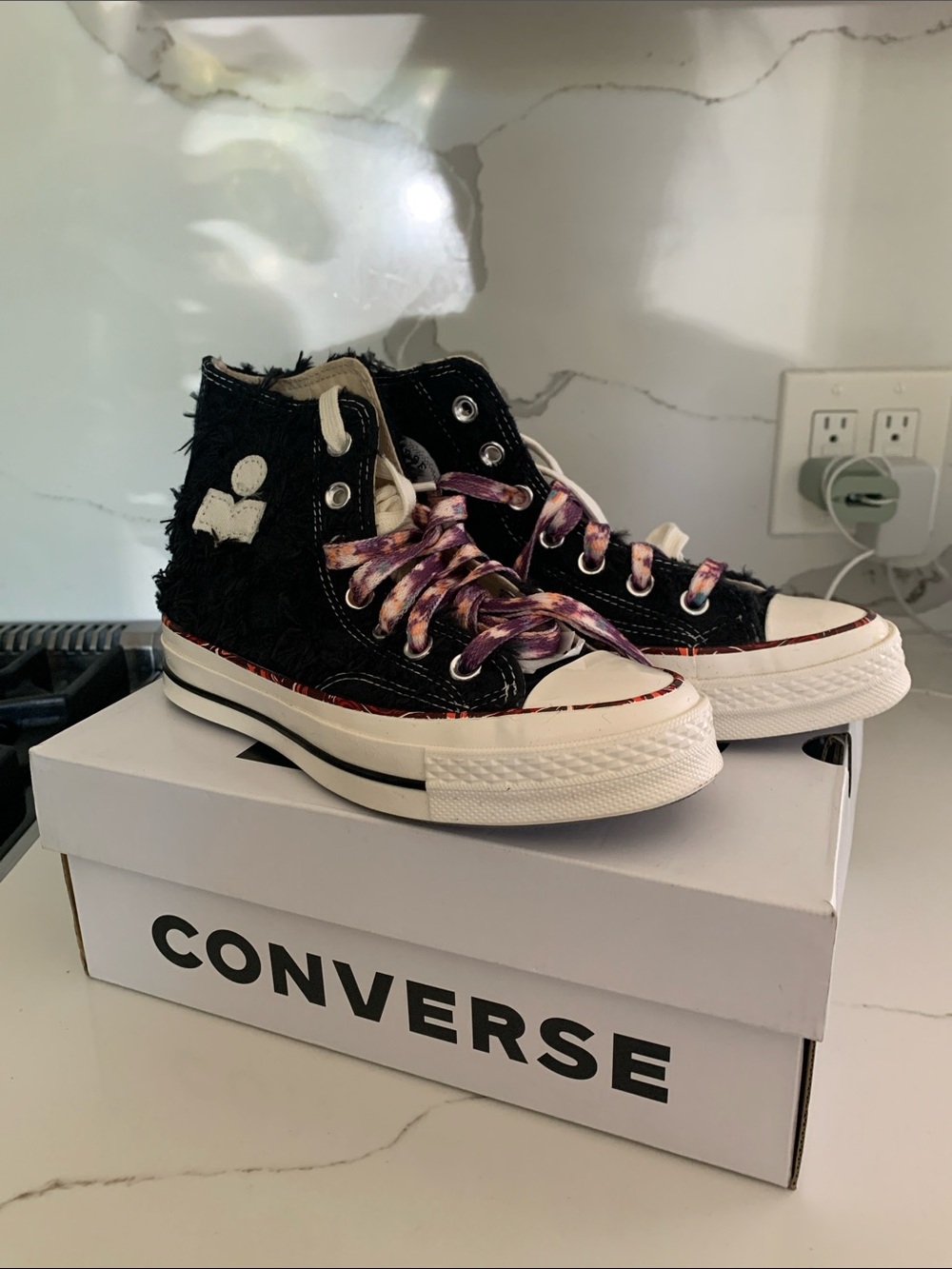Isabel Marant Black High-Top Sneakers with Purple Tie-Dye Laces